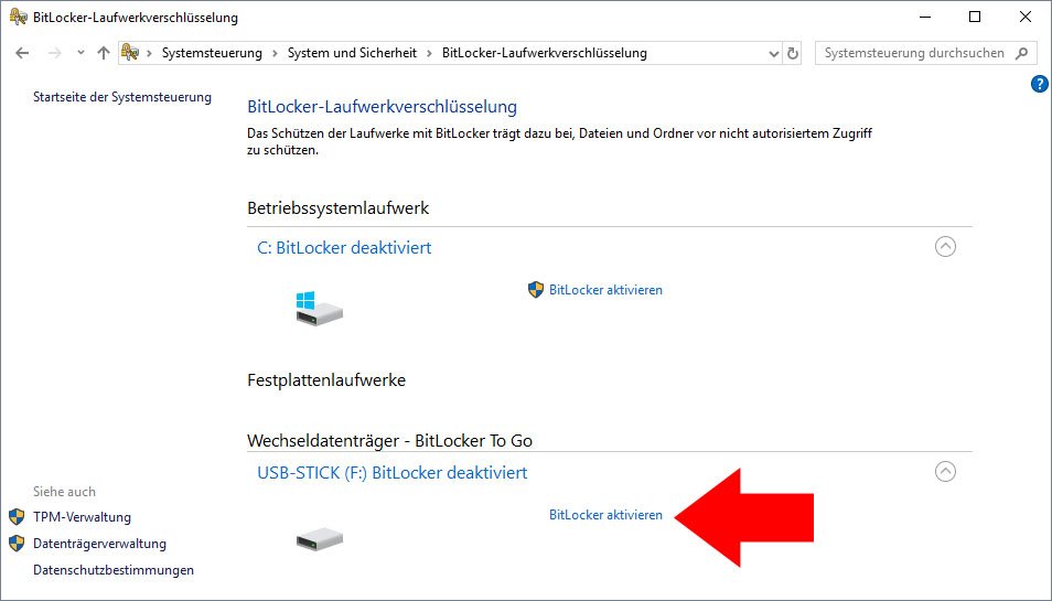 Hier aktiviert ihr „BitLocker To Go“ für den USB-Stick.
