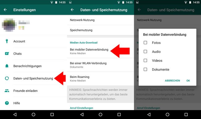 Hier stellt ihr in WhatsApp ein, welche Medientypen automatisch über euer Datenvolumen heruntergeladen werden.