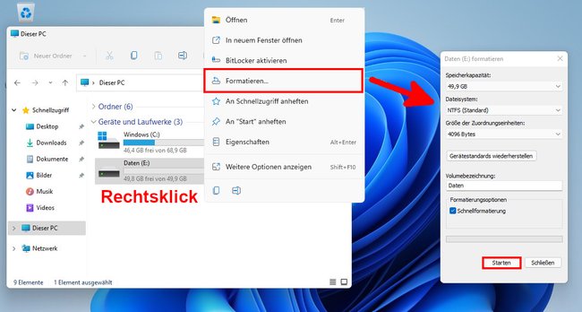So formatiert ihr eine Festplatte in Windows. Bild: GIGA