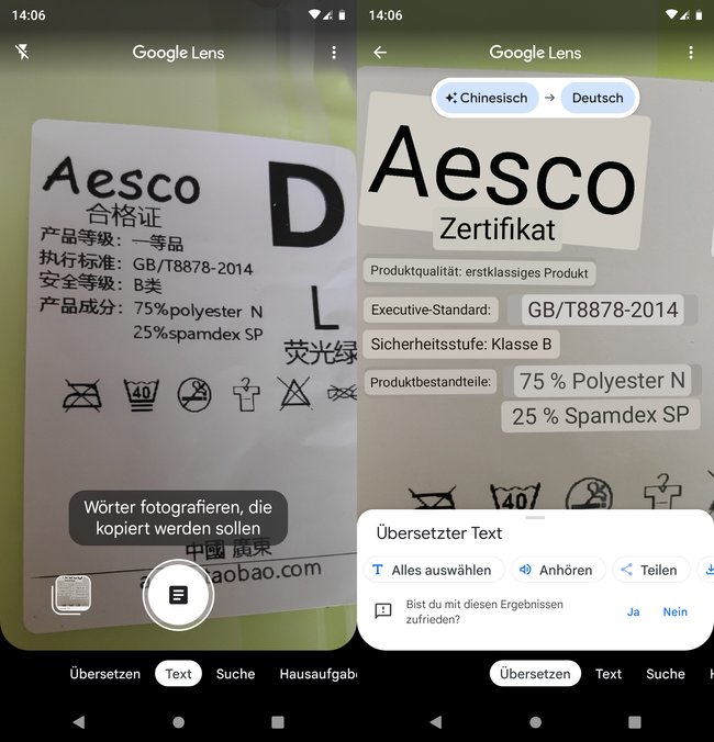Google Lens: Die App zeigt die Übersetzung direkt durch die Kamera auf dem Display an. (Bildquelle: GIGA)