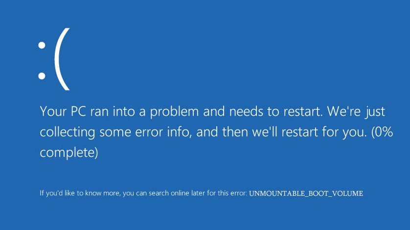 Der Windows-Stopcode steht ganz unten rechts im Bluescreen. Hier: UNMOUNTABLE_BOOT_VOLUME. (Bildquelle: GIGA)