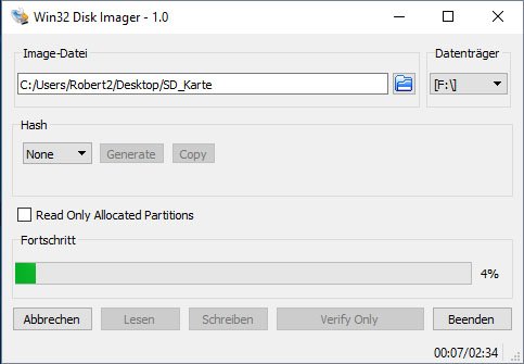 Win32 Disk Imager speichert den Inhalt der SD-Karte in einer Image-Datei,