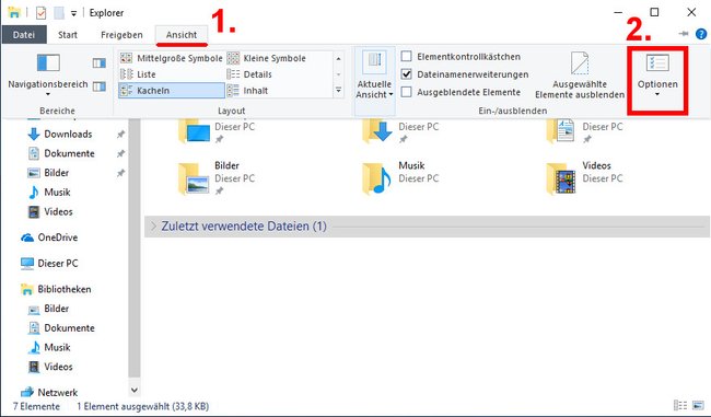 So öffnet ihr die Ordneroptionen in Windows 10. Bild: GIGA