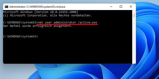 Der Befehl aktiviert das Admin-Konto in Windows 11, 10, 8 und 7. Bild: GIGA