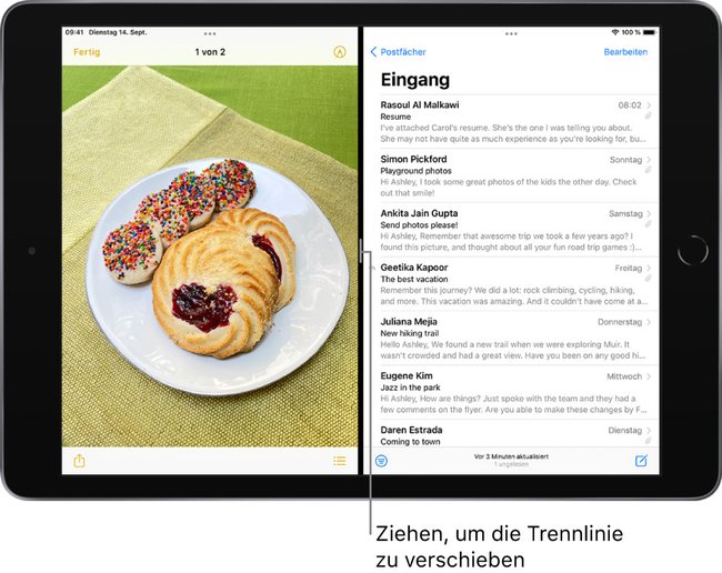 Mit der Trennlinie ändert ihr die Größen der Apps. (Bildquelle. Apple)