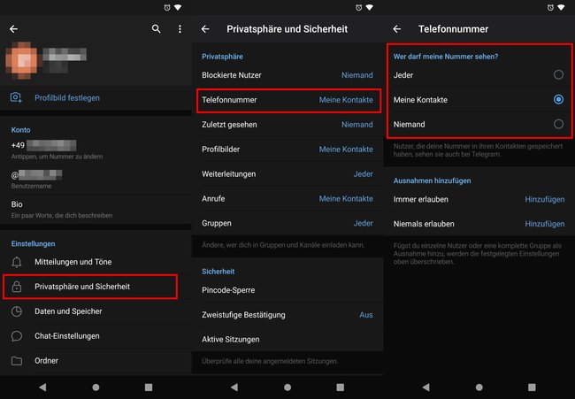 Hier versteckt ihr eure Nummer vor anderen Telegram-Nutzern. Bild: GIGA