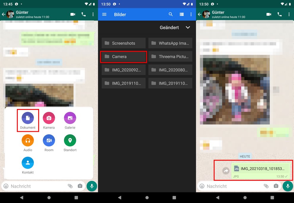 WhatsApp: Über die „Dokument“-Schaltfläche verschickt ihr Bilder verlustfrei. Bild: GIGA
