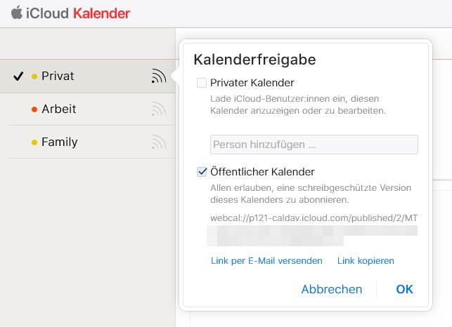 Ansicht des Kalenders in der iCloud: Ein Kalender wird als öffentlich gekennzeichnet und daraufhin erhält man einen Link zur Weitergabe.d