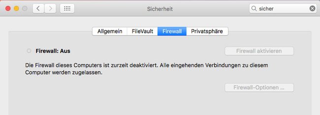 Deaktiviert die Firewall in macOS kurzzeitig.