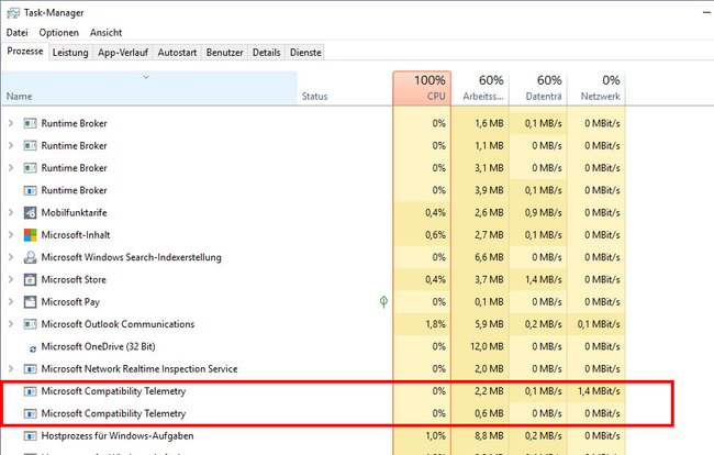 Microsoft Compatibility Telemetrie: Der Prozess kann sogar mehrmals im Task-Manager erscheinen.