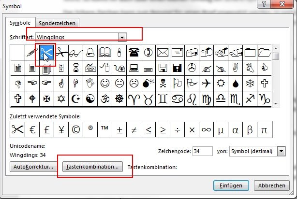 Schere-Symbol zum Kopieren und mit der Tastatur in Word schreiben.