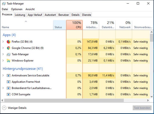 Hier seht ihr die CPU-Auslastung laufender Programme.