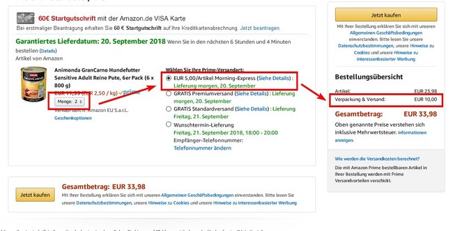 Screenshot einer Amazon-Morning-Express Bestellung