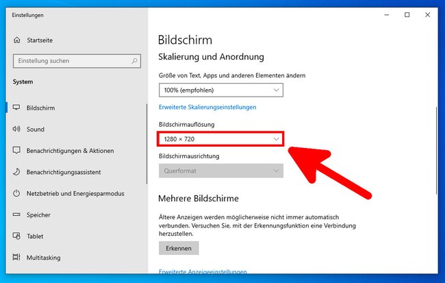 Hier stellt ihr die gewünschte Auflösung in Windows 10 ein. (Bildquelle: GIGA)