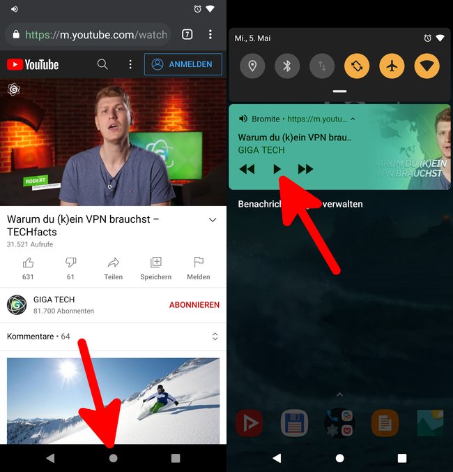 Mit der Browser-App spielt ihr YouTube-Videos im Hintergrund ab. Bild: GIGA