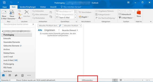 Hier erkennt ihr, dass Outlook im Offline-Modus ist.
