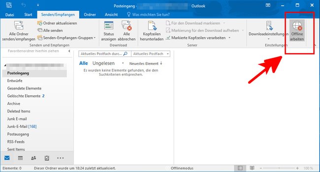 Klickt einmal auf diesen Button, um den Offline-Modus von Outlook zu deaktivieren.