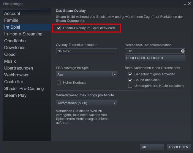 Hier deaktiviert ihr das Steam-Overlay.