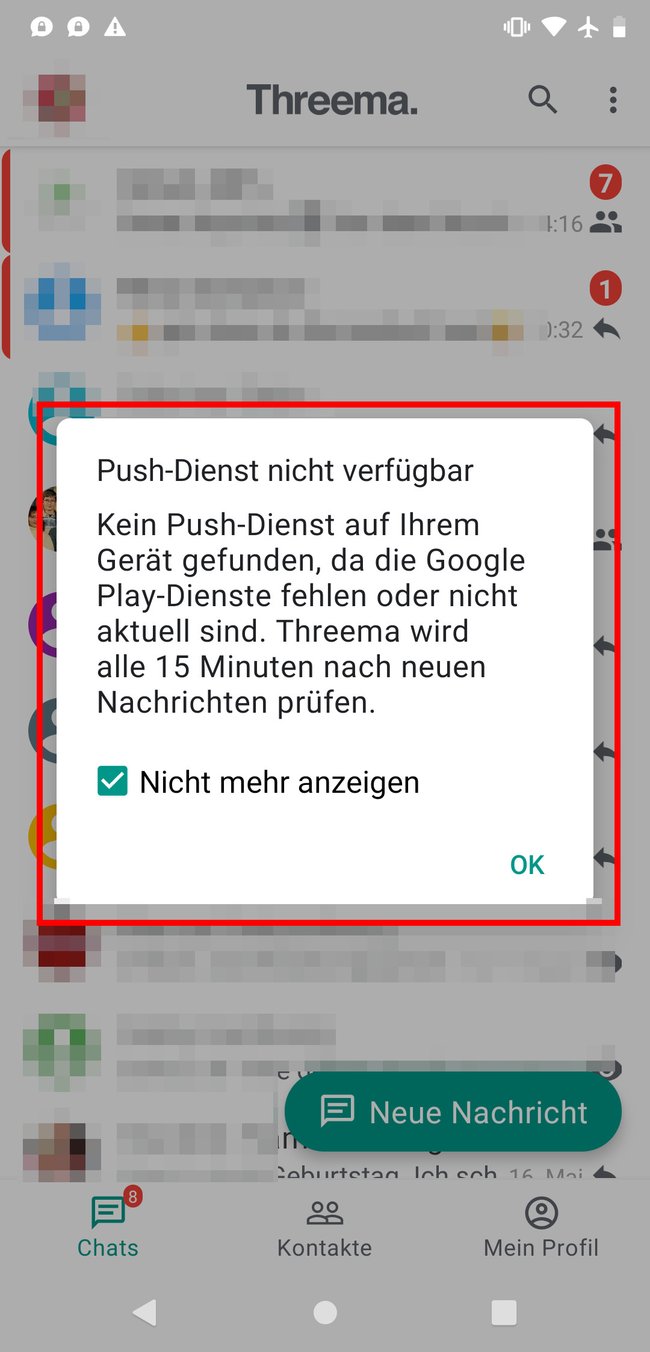 Das zeigt Threema an, wenn keine Google-Play-Services installiert sind. Bild: GIGA