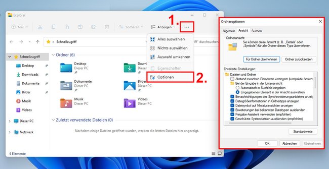 So öffnet ihr die Ordneroptionen in Windows 11. (Bildquelle: GIGA)