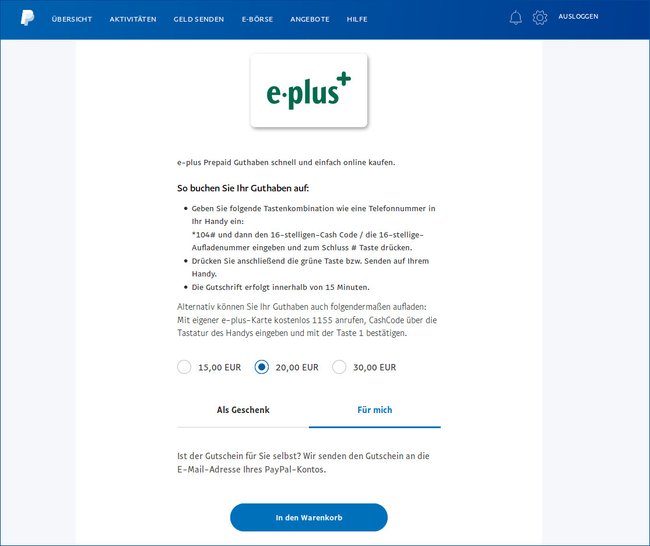 Über PayPal könnt ihr online auch Eplus-Cashcodes kaufen. (Bildquelle: GIGA)