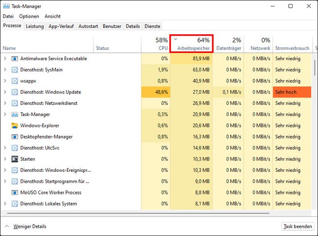 Klickt hier, um die Programme nach der Arbeitsspeicherbelegung zu sortieren. (Bildquelle: GIGA)