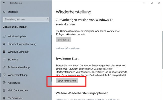 In Windows 10 klickt ihr hier, um ins BIOS neu zu starten. Bild: GIGA