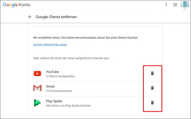 Hier entfernt ihr einzelne Dienste aus eurem Google-Konto. Bild: GIGA