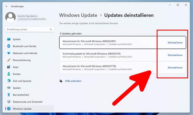 Hier zeigt euch Windows 11 alle Updates an, die sich wieder deinstallieren lassen. (Bildquelle: GIGA)