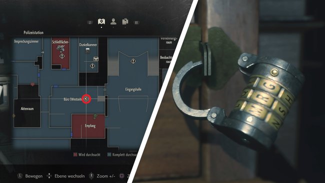Zwei Kombinationsschlösser im Büro auf der Westseite: Die Codes lauten NED und MRG (Bildquelle: Screenshot und Bearbeitung GIGA).