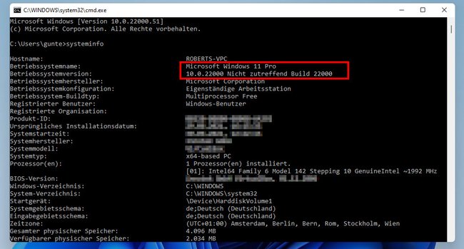 Windows 11: Auch über die Eingabeaufforderung findet ihr die Windows-Version heraus. Bild: GIGA