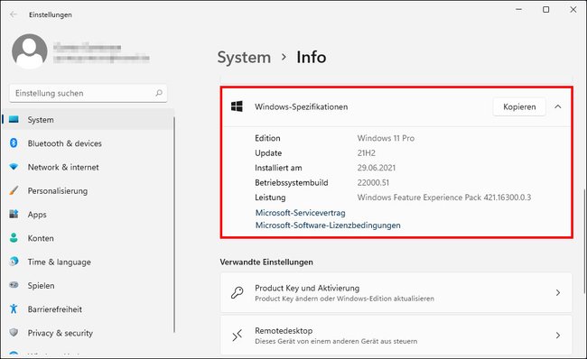 Windows 11 zeigt euch die Version und Build-Nummer an. Bild: GIGA