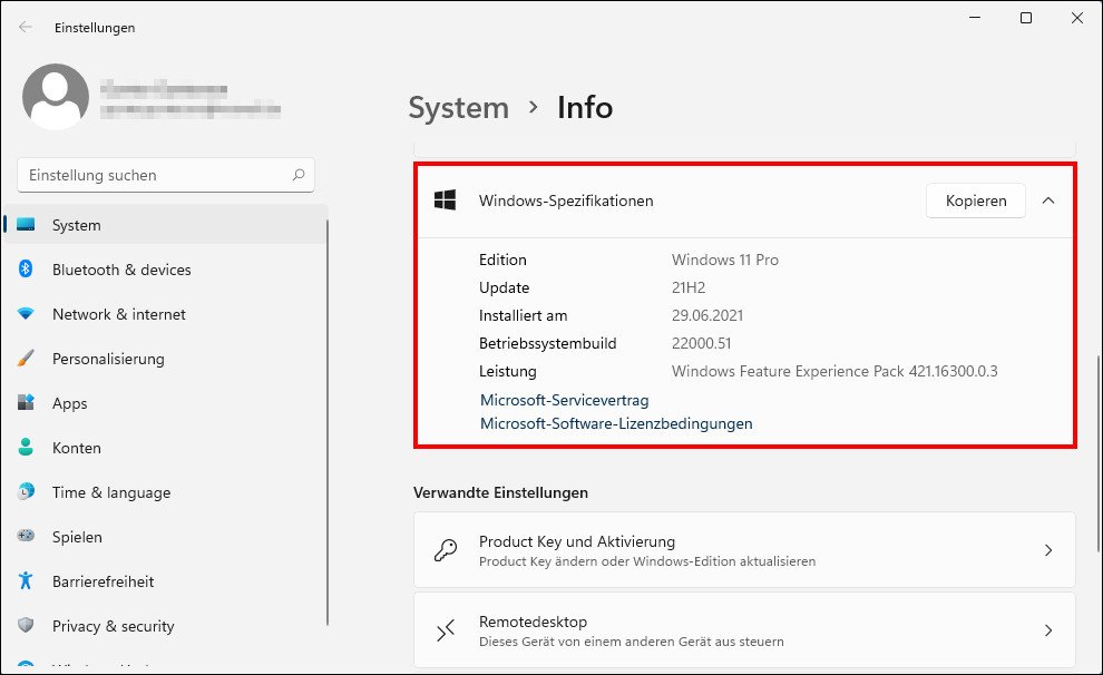 Windows 11 zeigt euch die Version und Build-Nummer an. Bild: GIGA