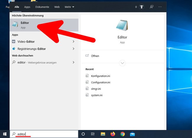Tippt im Startmenü „Editor“ ein, um das Programm zu starten. Bild: GIGA