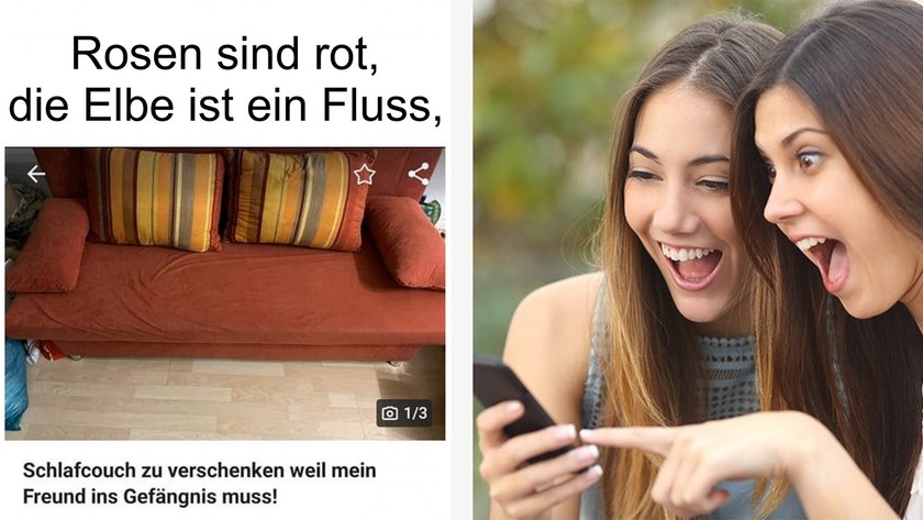 Zwei Frauen amüsieren sich über den Reim "Rosen sind rot, die Elbe ein Fluss / Verkaufe Sofa, weil mein Freund ins Gefängnis muss"