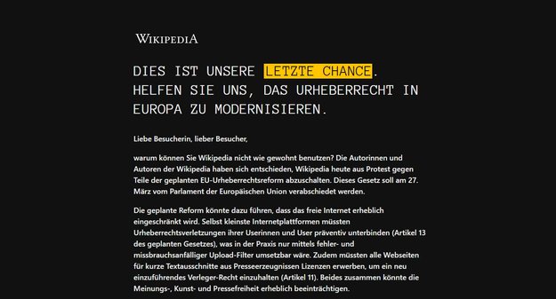 Wikipedia ist heute offline: Protest gegen Artikel 11 und 13 der EU-Urheberrechtsreform