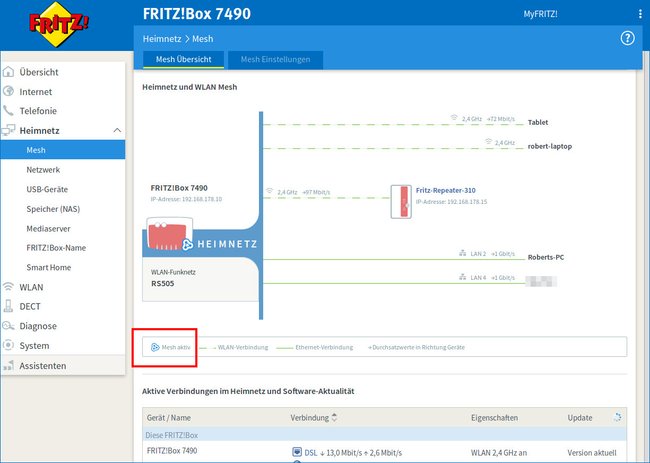 Bei den Geräten, wo das Mesh-Symbol angezeigt wird, ist das Mesh-WLAN bereits aktiv.