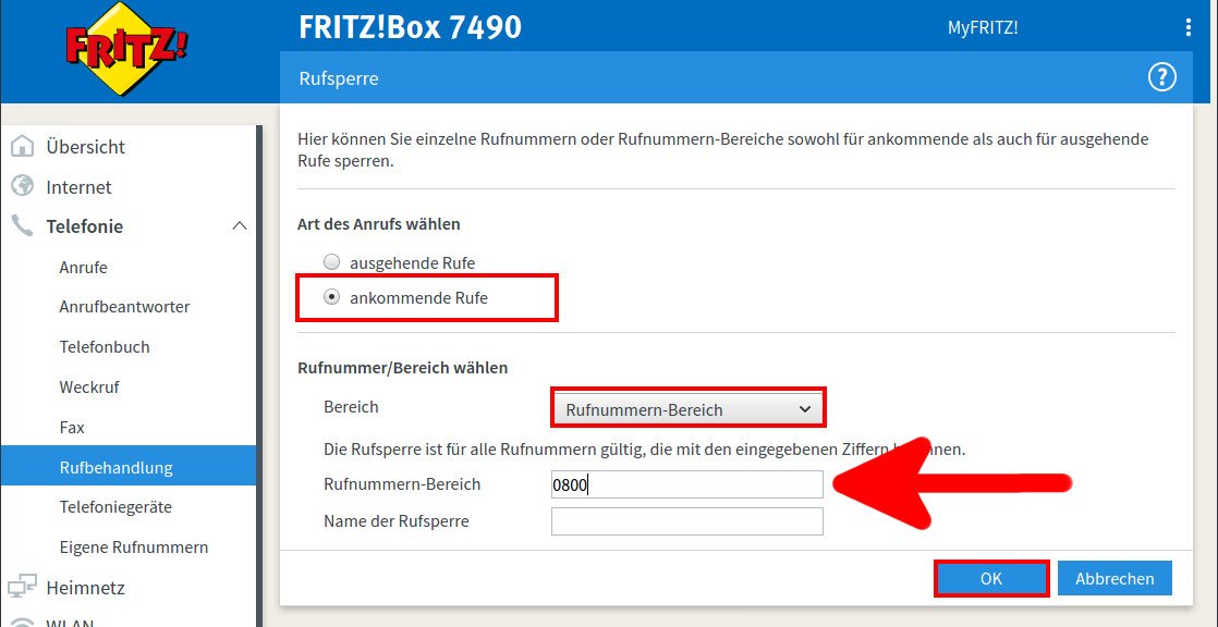 Fritzbox Nummern & Bereiche sperren (unbekannt/anonym)