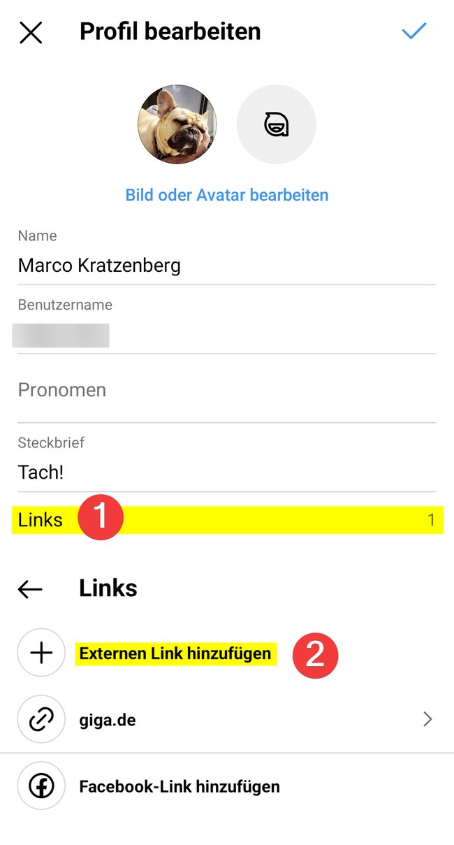 Screenshots aus der Instagram-App: Schritt 1 - im Profileditor Links antippen. Schritt 2 - externen Link hinzufügen.