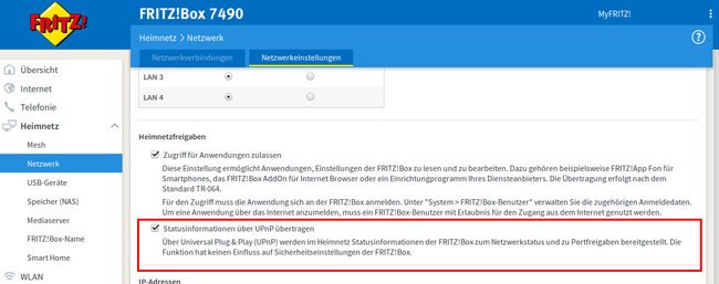 Hier aktiviert ihr UPnP. Bild: GIGA