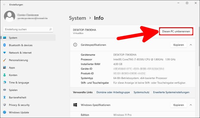 Hier ändert ihr den Computernamen in Windows 11. Bild: GIGA