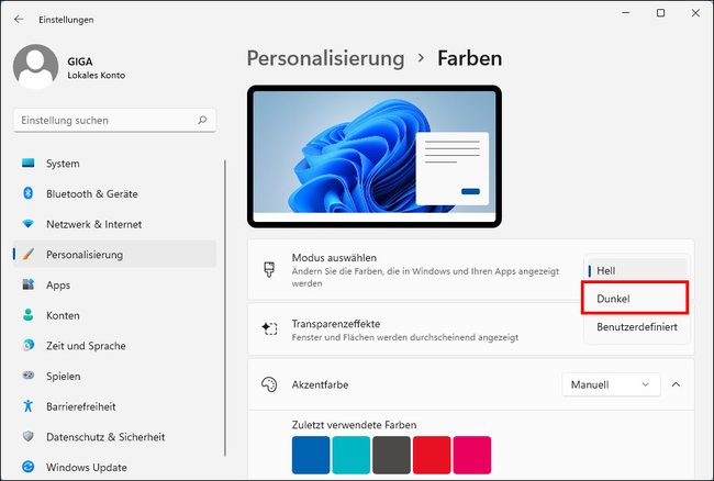 Hier aktiviert ihr dunkle Farben in Windows 11. Bild: GIGA