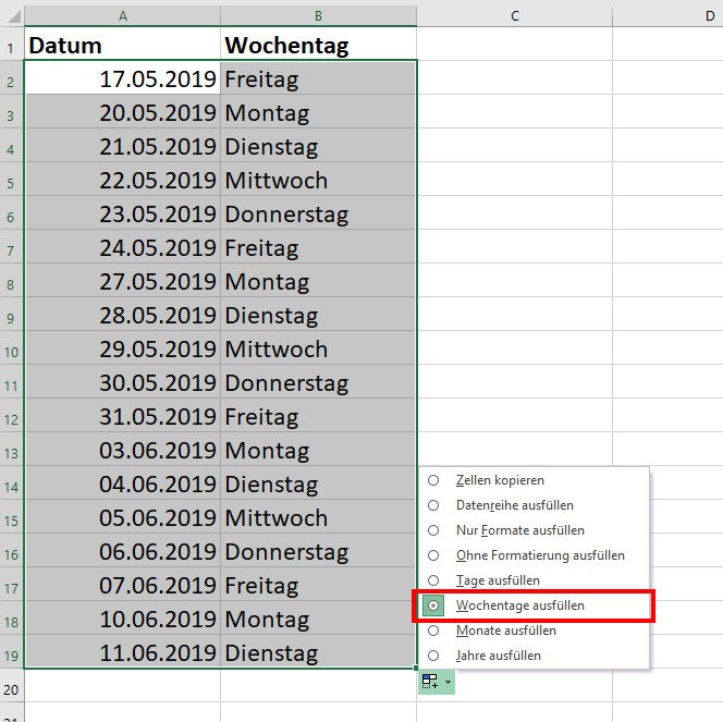 Excel Tabelle Tag Und Datum Fortlaufend Excel: Fortlaufende Datumsangaben ohne Wochenende erstellen – so geht's