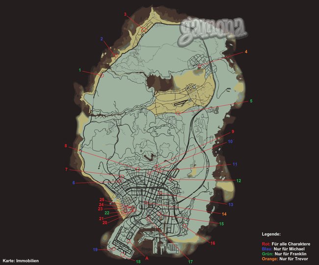 Karte mit allen Immobilien in GTA 5 und Kennzeichnung, von welchem Charakter sie gekauft werden können.