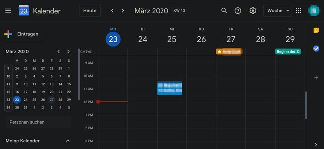 Der Google Kalender im Browser mit dunklen Farben. Bild: GIGA