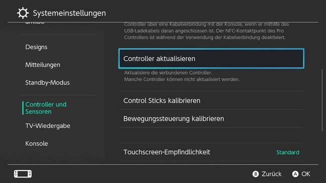 In diesem Menü könnt ihr die Joy-Cons aktualisieren und kalibrieren. Bild: Robert Schanze / GIGA