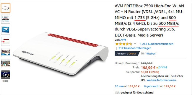 Die Geschwindigkeitsangaben werden wir jetzt in MB umrechnen. Quelle: AVM/Amazon