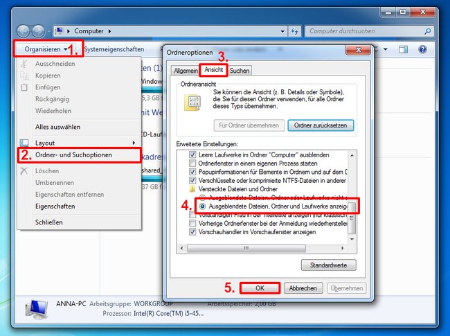 So zeigt ihr in Windows 7 versteckte Dateien und Ordner an. Bild: GIGA