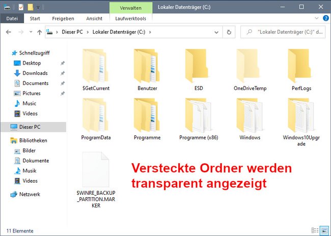 Windows zeigt versteckte Ordner transparent an. Bild: GIGA