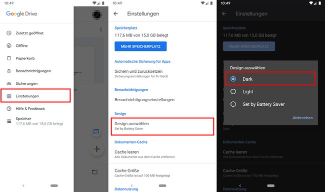 Google Drive für Android: So stellt ihr das dunkle Theme ein. Bild: GIGA